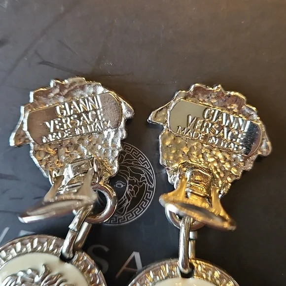 Versace Silver Black White Medusa Drop Clip Earrings Reversible